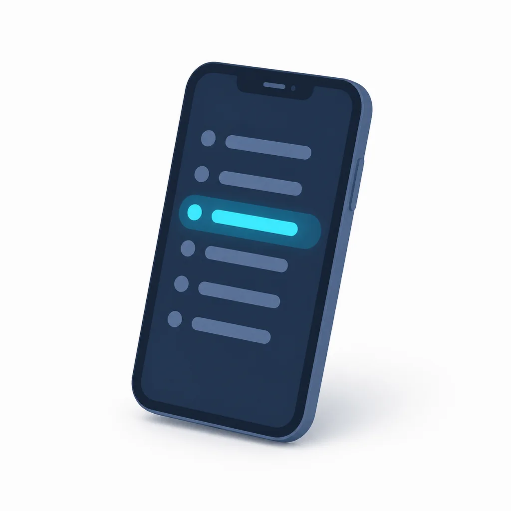 Rustige illustratie van een smartphone met een instellingenlijst en een gemarkeerde informatieregel