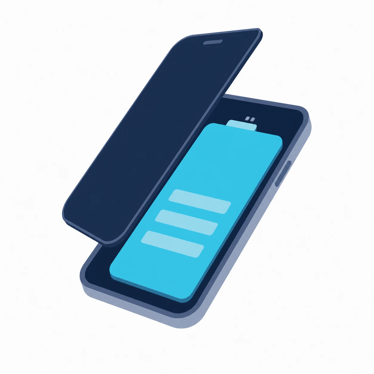 Abstracte illustratie van een geopende telefoon met zichtbare batterij