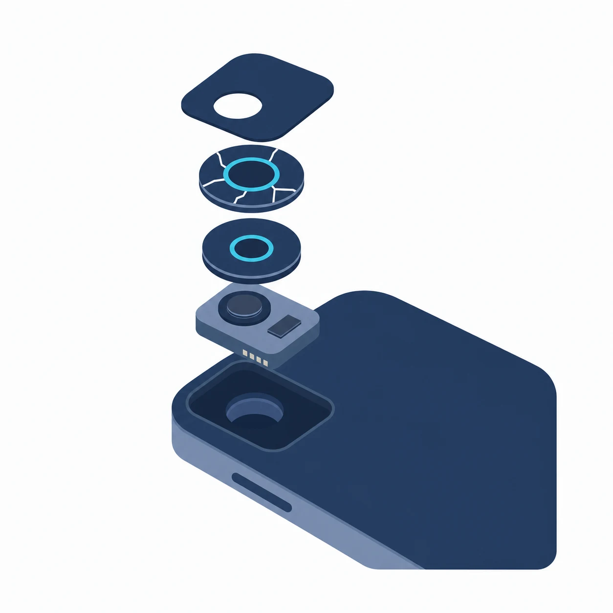 Abstracte illustratie in exploded view van een telefoon met een gebarsten cameralens